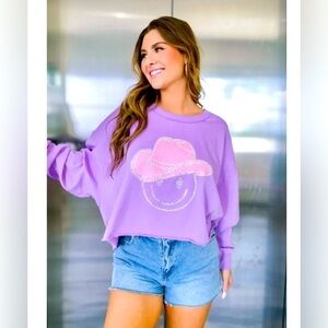 Peach Love California Rhinestone Cowboy Smiley Face Oversize Crop‎ Top Women’s M